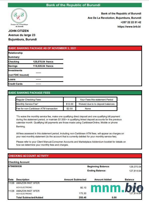 Burundi Bank Republiki Burundi szablon wyciągu bankowego w programie Word i PDF
